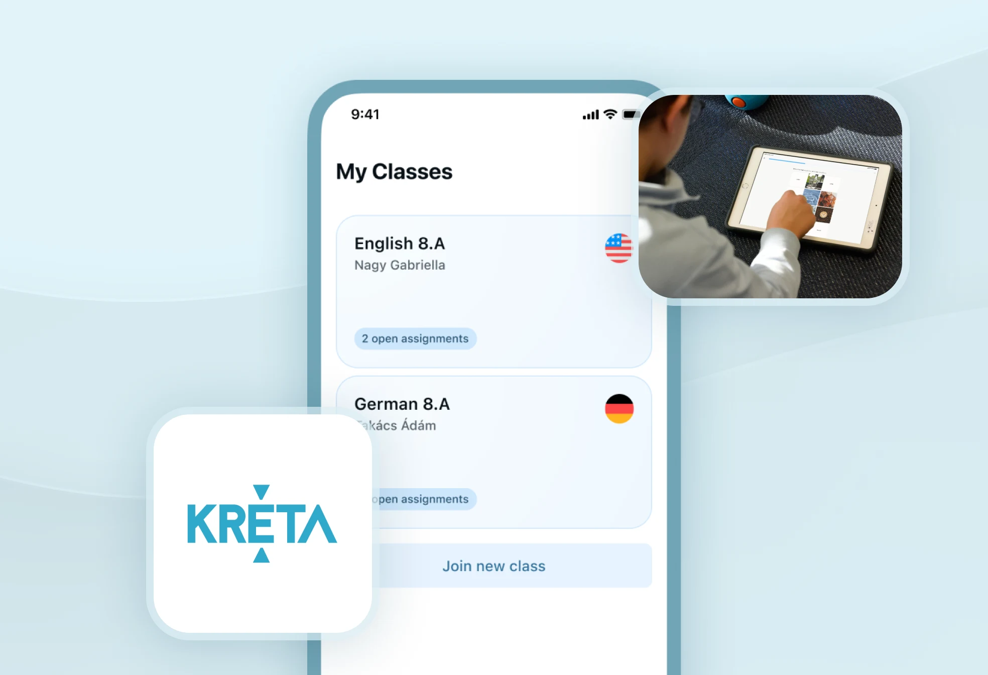 Captura de tela da integração KRÉTA do Xeropan, mostrando um aluno usando um tablet e o recurso 'Minhas Aulas', permitindo que os alunos do K-12 acessem todo o currículo.