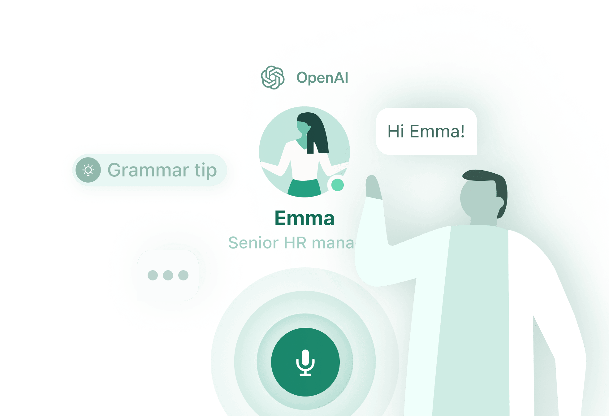 Ilustração do recurso de Conversas com IA, mostrando um usuário interagindo com um bot de IA chamado Emma, projetado para aprimorar as habilidades linguísticas por meio de cenários da vida real.